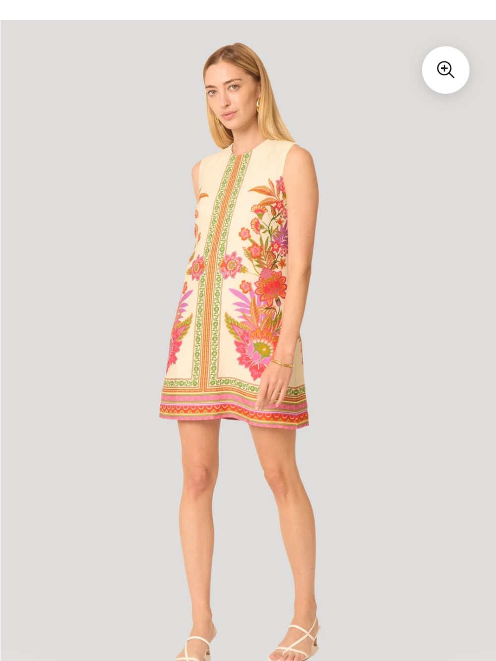 Sleeveless Floral Border Mini Dress in Cream and Pink